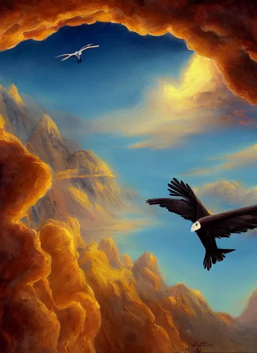 Image similar to a beautiful painting of a condor flying in the sky, matte painting, fantasy art