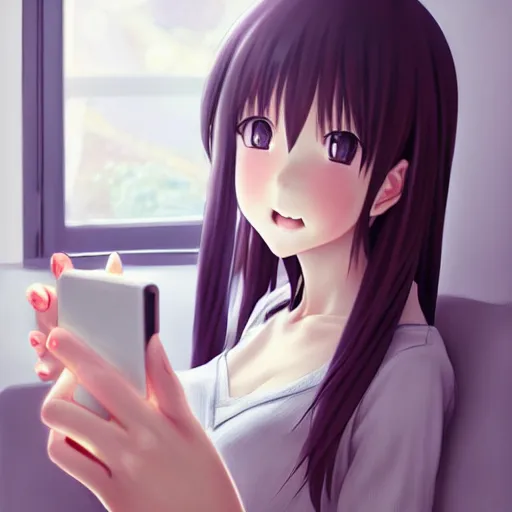 Image similar to beautiful serene intricate very detailed portrait of a realistic anime girl taking a selfie, smiling softly, wearing casual clothes, relaxing on the couch, interior lighting, cozy living room interior, soft focus, 8 k, art by irakli nadar, hyperrealism, hyperdetailed, ultra realistic