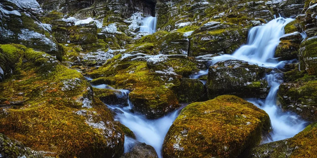 Image similar to beautiful idyllic poster for a craggy snow valley national park