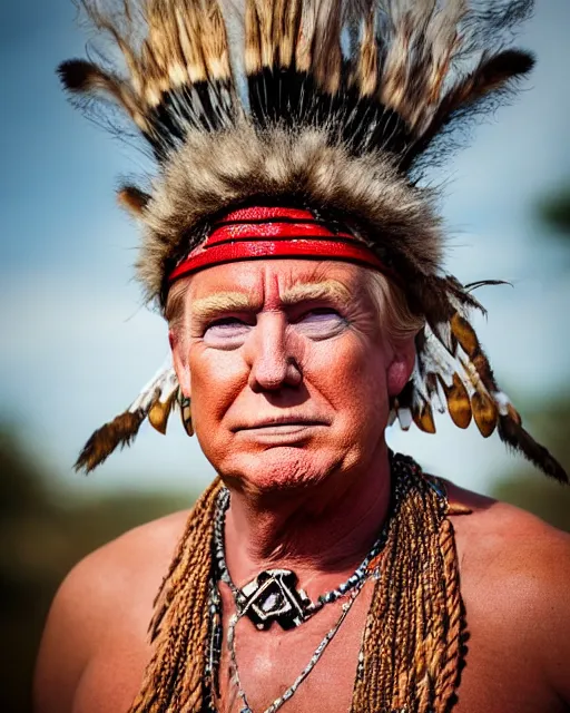 Prompt: a portrait photograph of Donald Trump as a tribal shaman from the stone age, DSLR photography