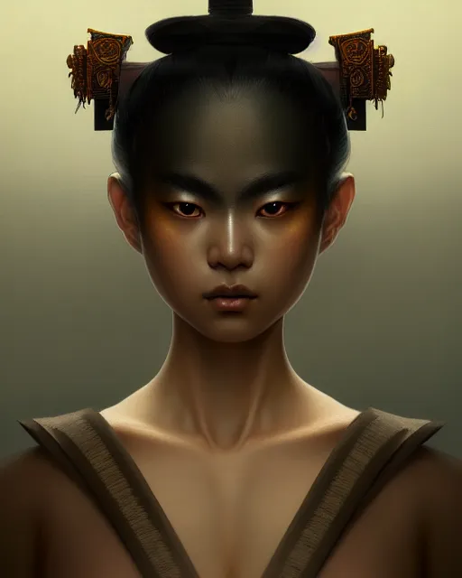 Prompt: symmetry, samurai, lines, brown skin, green iris, machine face, intricate, elegant, highly detailed, digital painting, artstation, cgsociety, concept art, smooth, sharp focus, pigment, illustration, art by camille corot and karol bak and kim tschang yeul, 8 k