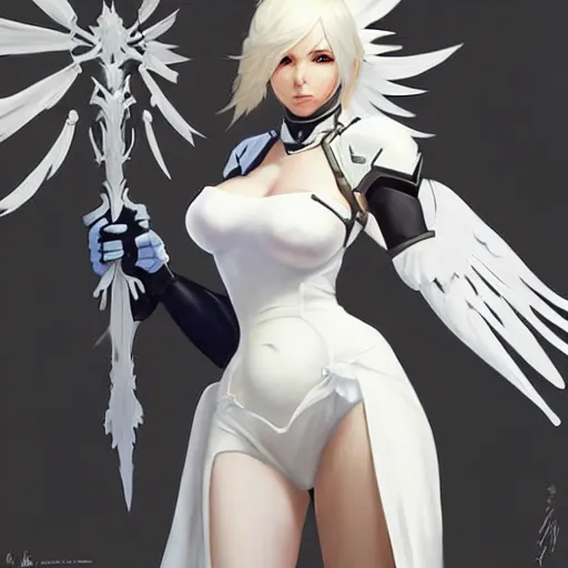 Prompt: greg manchess painting of a 2 yorha type a no. 2 as mercy from overwatch!! in a wartorn environment, white long hair, large white wings, organic painting, trending on artstation, by huang guangjian and gil elvgren and sachin teng