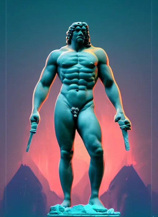 Image similar to statue of hercules, heroic, beeple, vaporwave, retrowave, black background, neon wiring, black, glitch, strong contrast, cuts, pinterest, trending on artstation