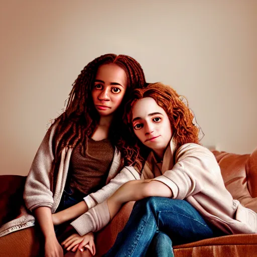 Image similar to intricate beautiful hyperreal portrait of a hermione granger and hermione granger, smiling softly, casual clothes, relaxing on the couch, home interior, golden hour, close up shot, 8 k, art by irakli nadar, hyperrealism, hyperdetailed, ultra realistic