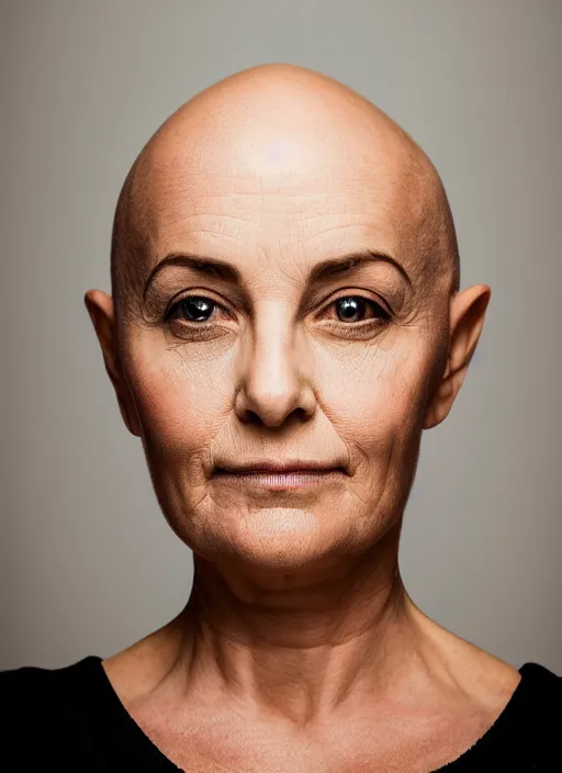 Prompt: portrait of a woman, symmetrical face, bald, she has the beautiful calm face of her mother, slightly smiling, ambient light