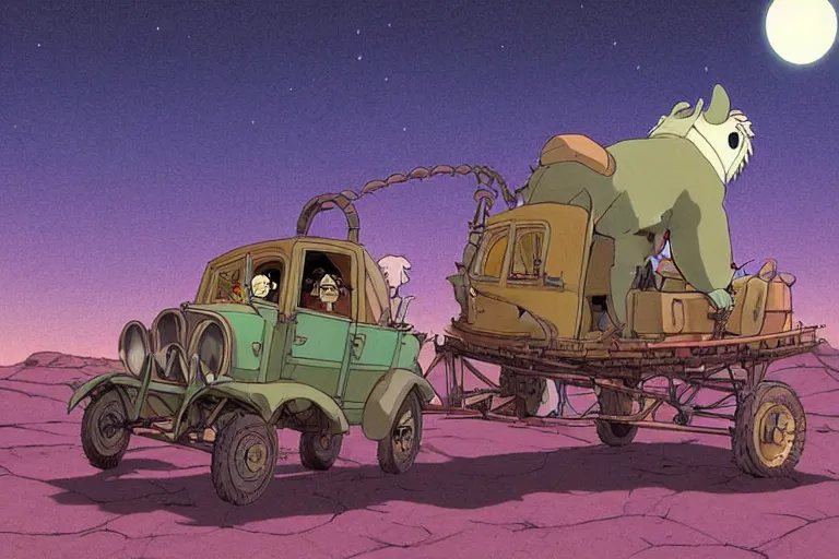 Prompt: a cell shaded cartoon of a lovecraftian mechanized burro from howl's moving castle ( 2 0 0 4 ), on a desert road, in front of a full moon, full body, wide shot, very muted colors, post grunge, studio ghibli, laurie greasley, highly detailed, deviantart, art by artgem