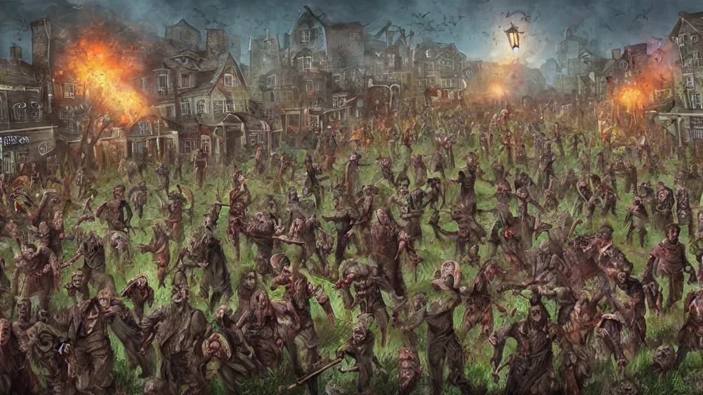 Image similar to hords of zombies flood the village, digital art by Jamey Jones,