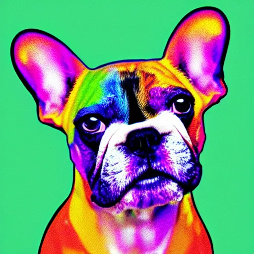 Image similar to rainbow excited smiling french bulldog using a computer. pop art.