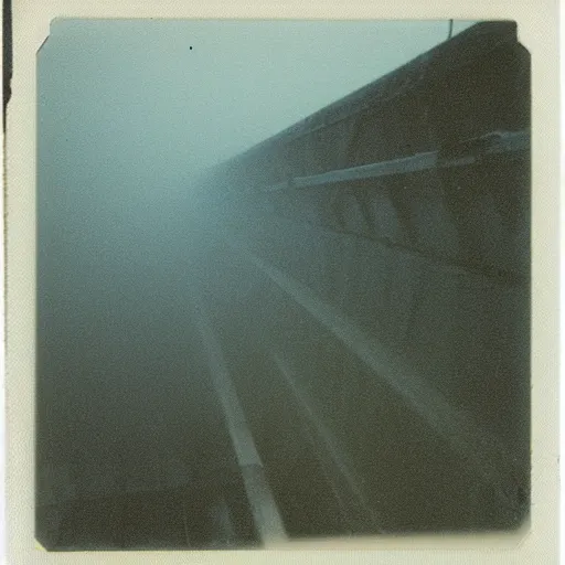 Prompt: picture looking up from the bottom of a massive concrete structure, the top is obscured by fog, polaroid, old polaroid, expired film, megalophobia,