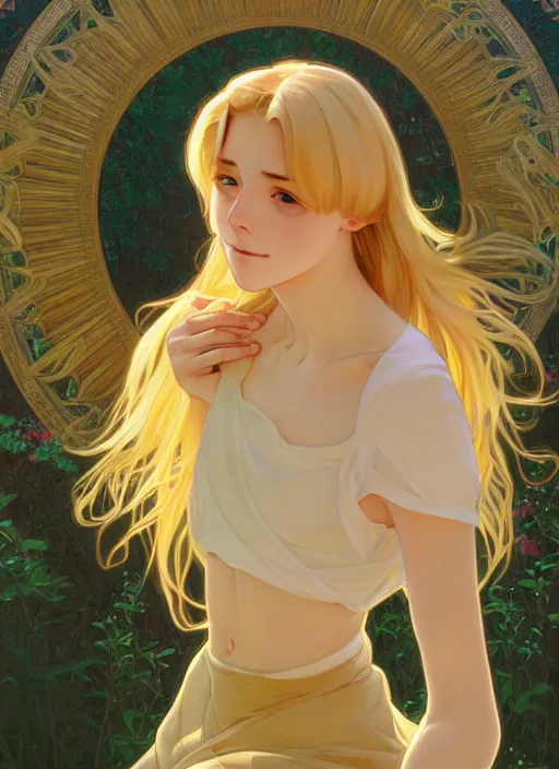 Image similar to pretty young man with shoulder length shiny shimmering golden blond hair, half body shot, path traced, highly detailed, high quality, digital painting, by studio ghibli and alphonse mucha, leesha hannigan, hidari, disney