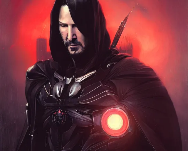 Image similar to highly detailed portrait of keanu reeves as azrael, in batman : arkham knight, stephen bliss, unreal engine, fantasy art by greg rutkowski, loish, rhads, ferdinand knab, makoto shinkai and lois van baarle, ilya kuvshinov, rossdraws, tom bagshaw, global illumination, radiant light, detailed and intricate environment