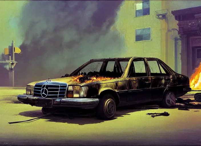 Image similar to a beauty man stands at burning wrecked mercedes 1 2 4, highly detailed, soft lighting, elegant, by edward hopper and james gilleard, zdzislaw beksinski, steven outram, highly detailed