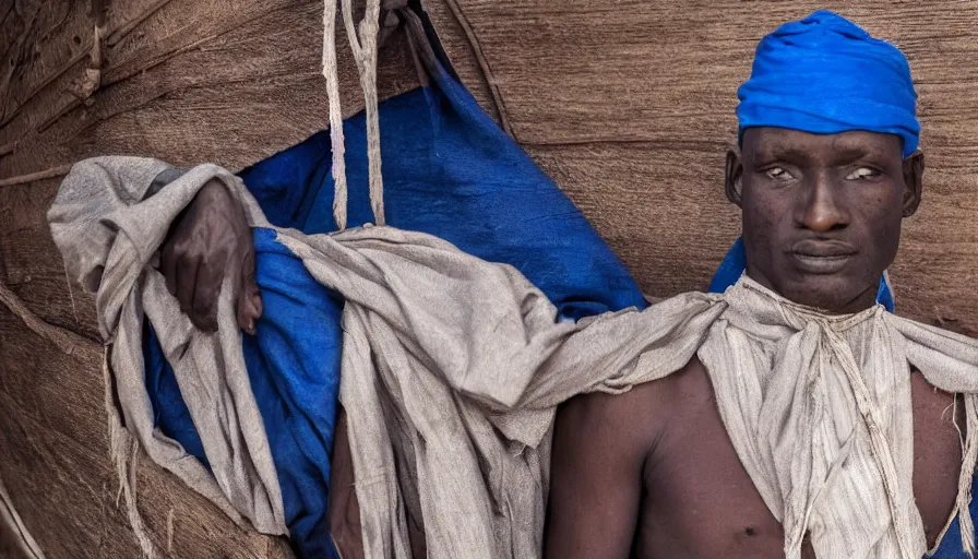 Prompt: movie still by djibril diop mambety of a man in blue drapery in a flesh barque on a river, leica sl 2 5 0 mm, heavy grain, high quality, high detail