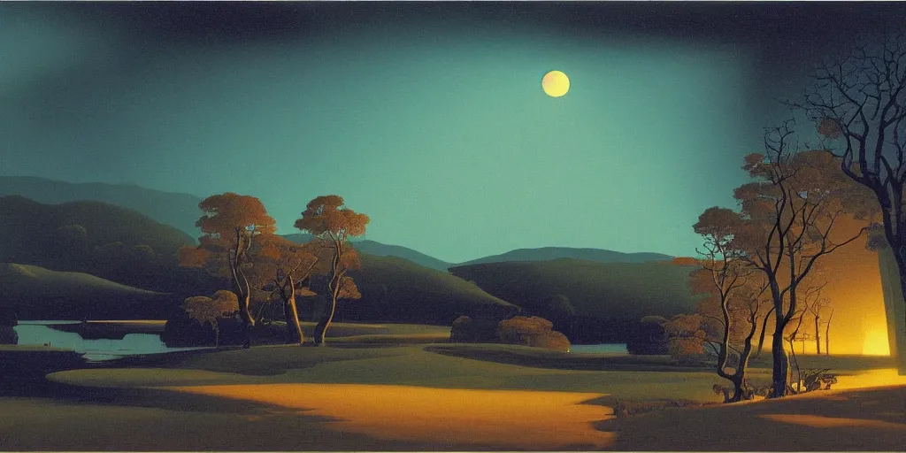 Image similar to a night landscape background, rob gonsavles, eyvind earle, heade martin johnson