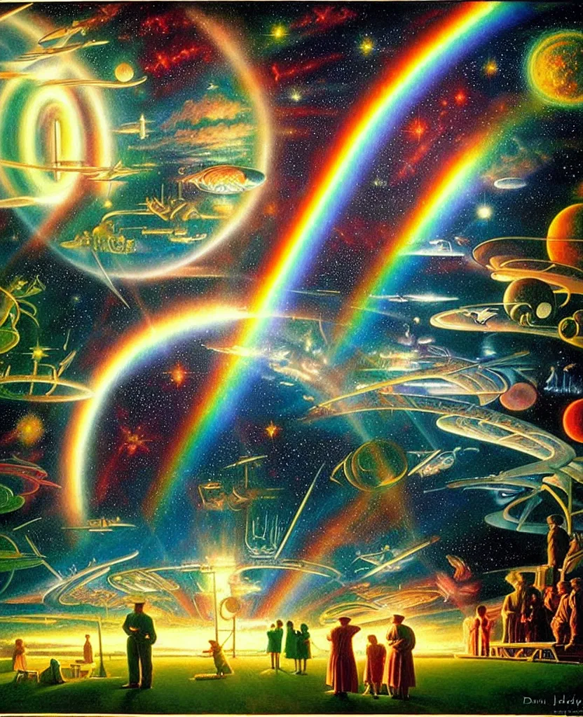 Image similar to a beautiful future for humanity, spiritual evolution, science, divinity, utopian, heaven on earth, gardens, gazebos of light, rainbows, by david a. hardy, wpa, public works mural, socialist