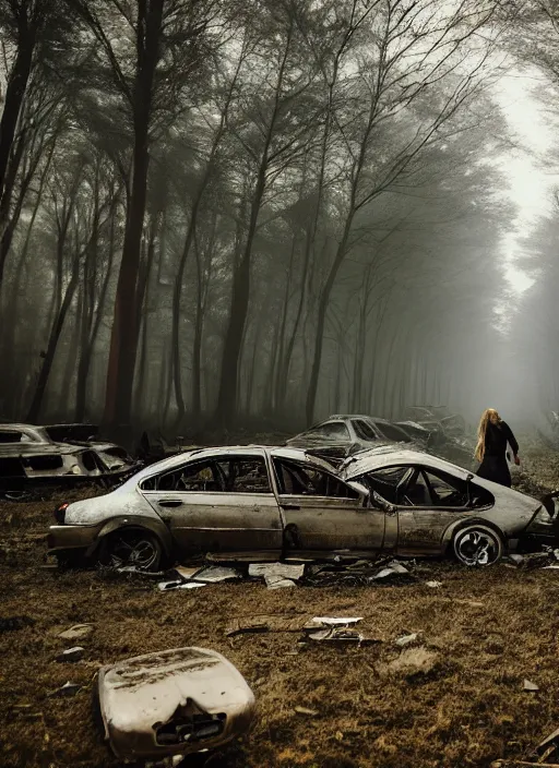 Image similar to beautiful blonde female cop walking through forest of crashed cars, wide shot, full perspective, curvy, mystery, fog, night time, starry skies.