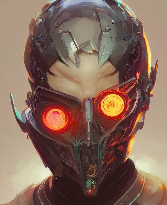 Image similar to portrait of a cyberpunk masked male evil, half body, glowin eyes, d & d, fantasy, intricate, elegant, highly detailed, colorful, vivid color, digital painting, artstation, concept art, art by artgerm and greg rutkowski and alphonse mucha and ruan jia