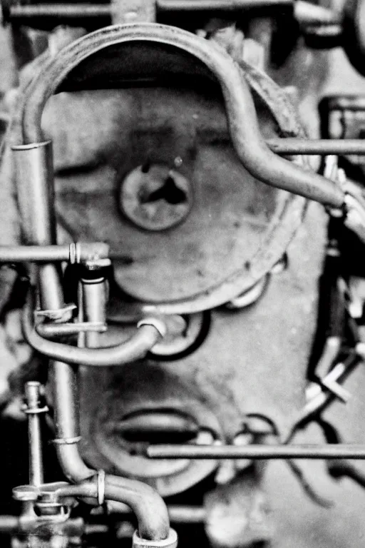 Image similar to a close-up portrait of Marcel Duchamp's industrial machine in the style of Hito Steyerl and Shinya Tsukamoto and Irving Penn and Robert Frank, minimal contraption