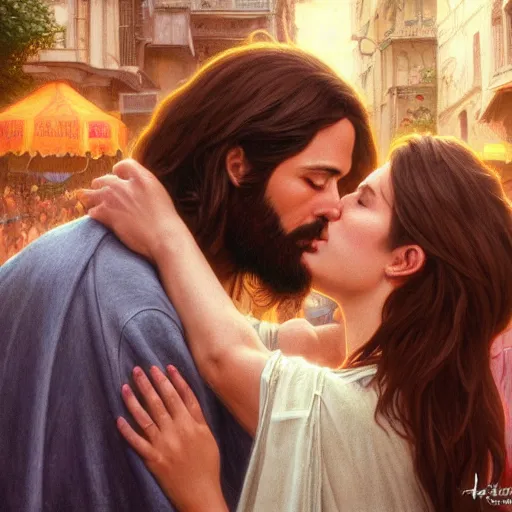 Image similar to jesus kissing a woman in a street, elegant, highly detailed, digital painting, artstation, concept art, matte, sharp focus, highly detailed, 4 k, hdr, smooth, sharp focus, high resolution, award - winning photo, photorealistic, art by artgerm and greg rutkowski and alphonse mucha, large shot