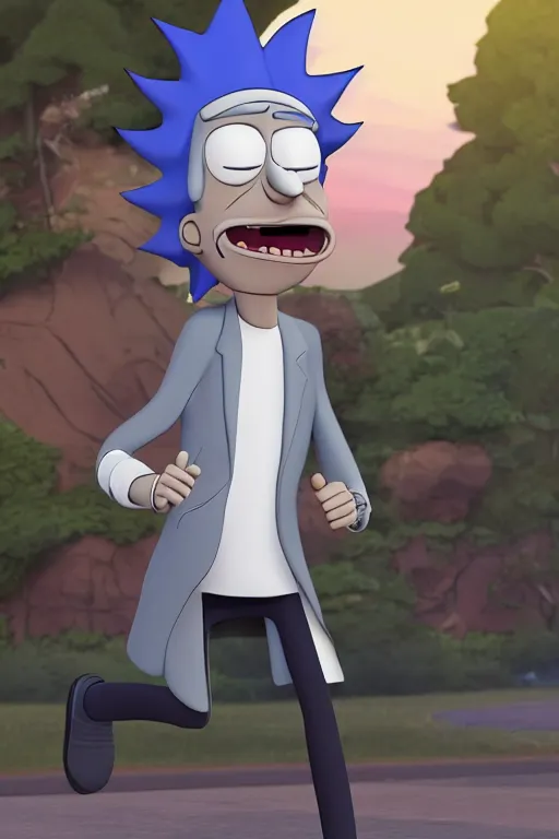 Image similar to hiper-realistic Rick Sanchez from Rick and Morty, running outside, 8k