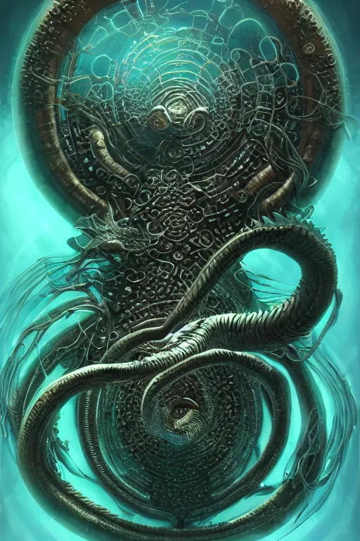 Prompt: a centered render of an ancient futuristic elden ring dragon with digital modifications surrounded by a underwater ink pour and flowing liquid gallium and complex sacred geometry, perfect body and face, powerful, cinematic, beautifully lit, by john howe, by beeple, by artgerm, by brian froud, 3 d, trending on artstation, octane render, 8 k