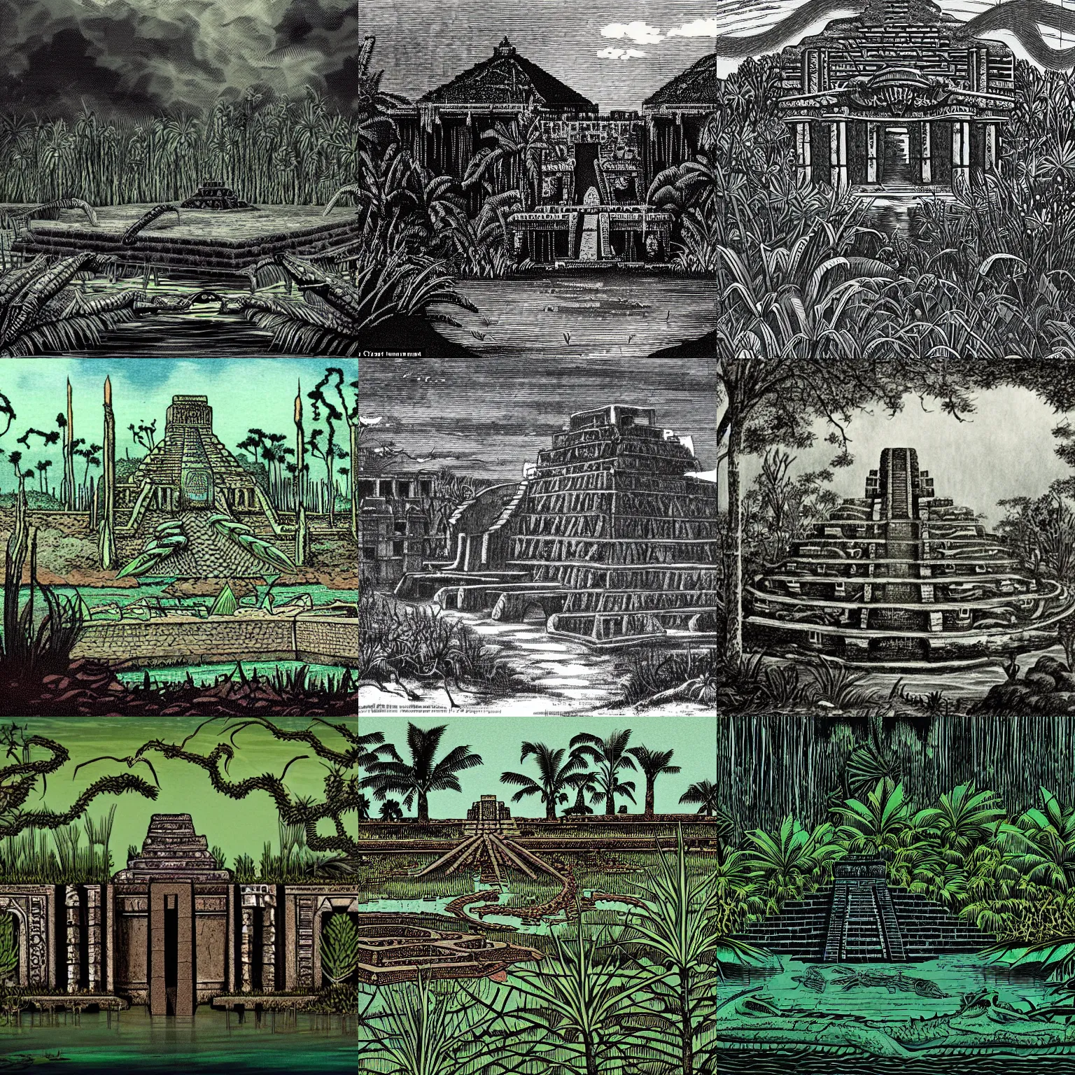 Prompt: a historical illustration of a sunken aztec temple in the florida everglades, moss, vines, alligator, foreboding, dark, in the style of a historical illustration