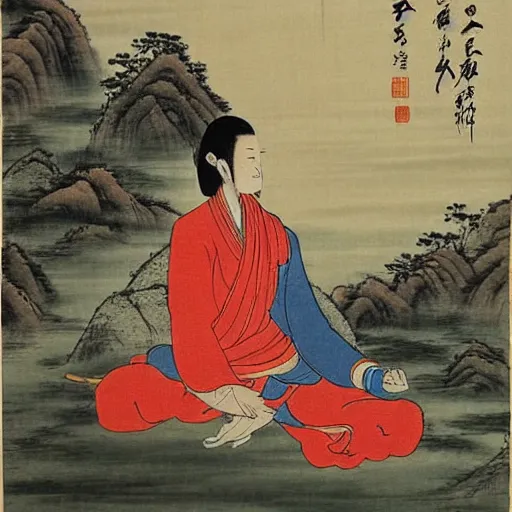 Image similar to lao tzu meditates beside a river, traditional chinese painting,