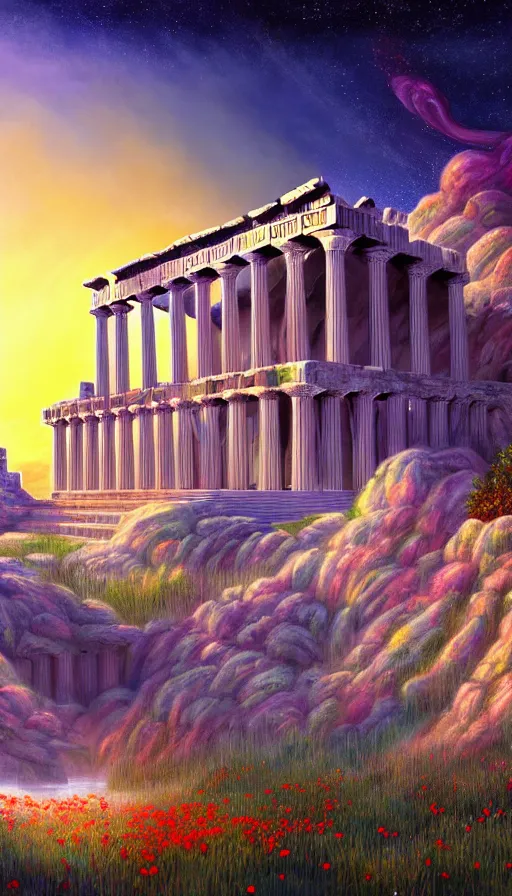 Prompt: a beautiful hyperdetailed painting of a greek temple, poppy extraterrestial clear night cgsociety retro gem galactic assassin's creed scumm bar landscape universe sunset venus made of glass lake vaporwave flowers morning sun, archdaily, wallpaper, highly detailed, trending on artstation.