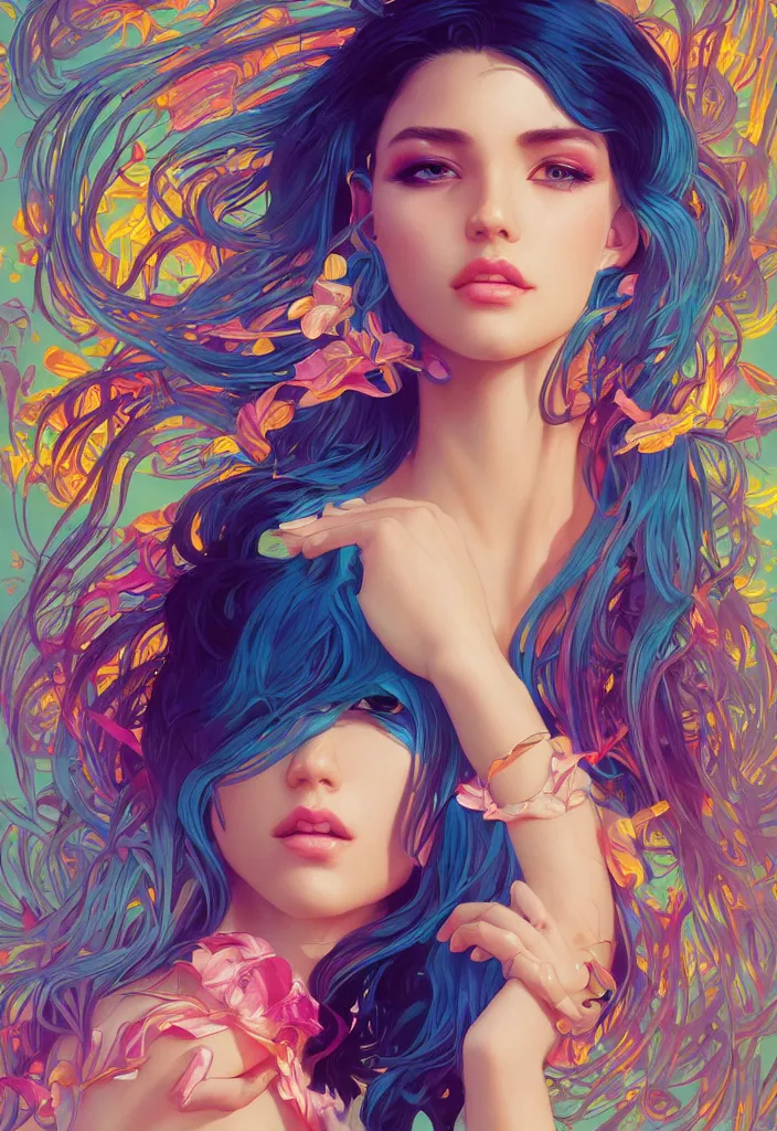 Image similar to beautiful, young woman, detailed gorgeous face, vaporwave aesthetic, synthwave, colorful, psychedelic, artstation, concept art, smooth, extremely sharp detail, finely tuned detail, ultra high definition, 8 k, unreal engine 5, ultra sharp focus, illustration, art by artgerm, greg rutkowski and alphonse mucha