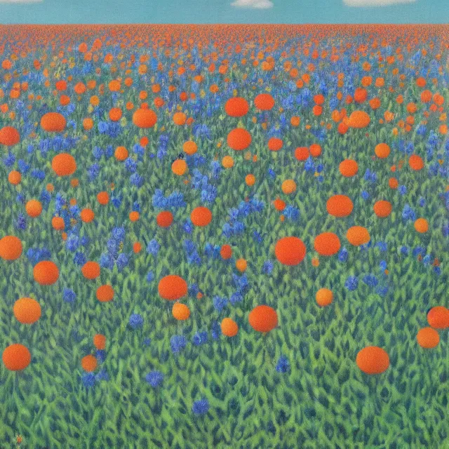 Image similar to kaali in distance looking at you in beautiful meadow of flower, detailed painting by rene magritte