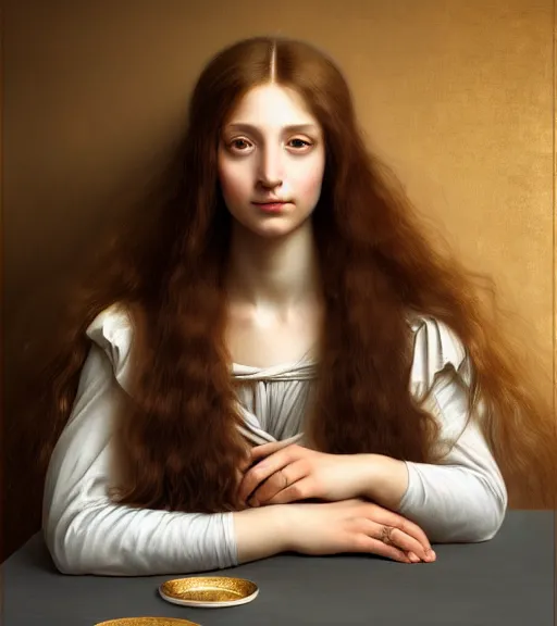 Image similar to portrait of a beautiful long - haired woman sitting upon a table with heightened detail, detailed facial expression, detailed surroundings, elegant, highly detailed, centered, digital painting, artstation, concept art, smooth, sharp focus, illustration, by ( leonardo da vinci ), wlop