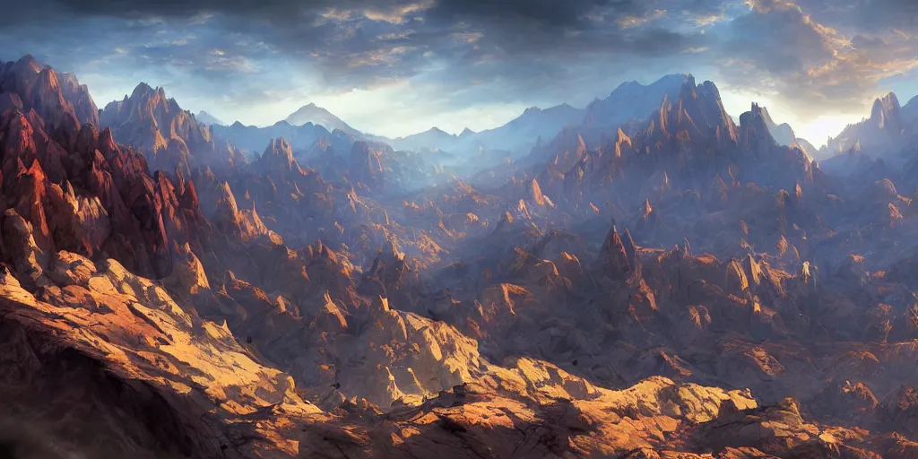 Image similar to beautiful matte painting of large evil mountains and canyons, fantasy