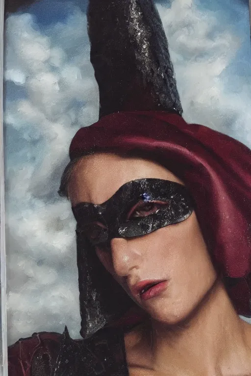 Image similar to hyperrealism oil painting, close - up portrait of european medieval brunette vampire fashion model, knight, steel gradient mixed with nebula sky, in style of baroque