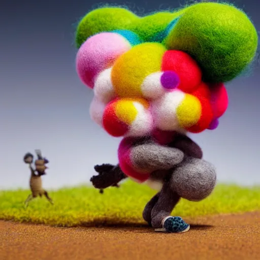 Prompt: a wide angle action portrait of an african hunter with a colorful afro running through the jungle on a foggy day, by goro fujita, mark ryden and lisa frank, felt texture, volumetric wool felting, radiant light, amigurumi animals flying around, macro photography, miniature world, depth of field