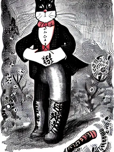 Prompt: a magical trickster gentleman cat who wears boots, folklore illustration