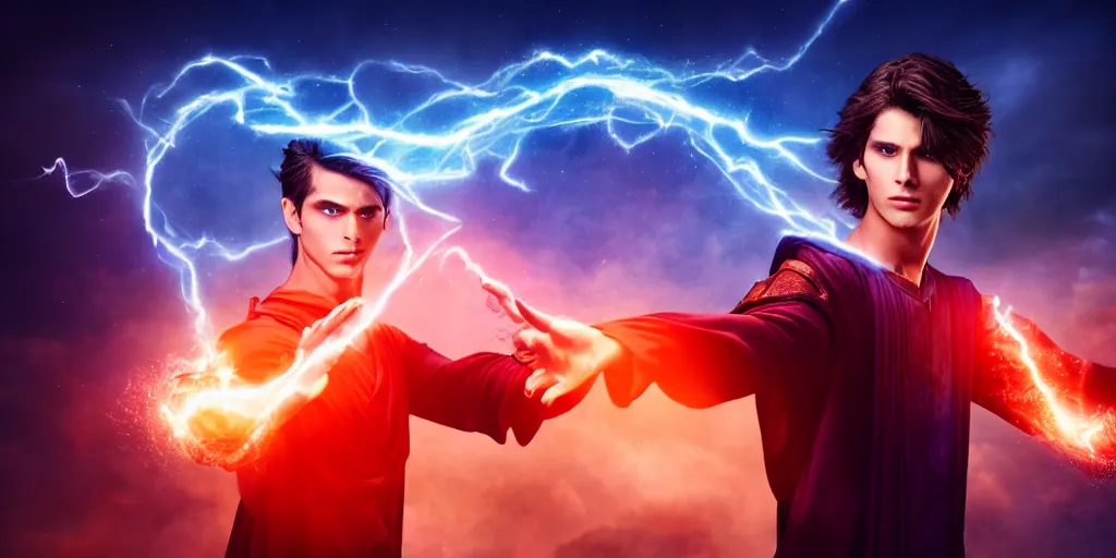 Image similar to epic scene of a handsome male sorcerer with brown hair, he is casting a blue and red spell that is emanating from his hands, heroic pose, medium shot, waist up, epic composition, post processing, cinematic poster