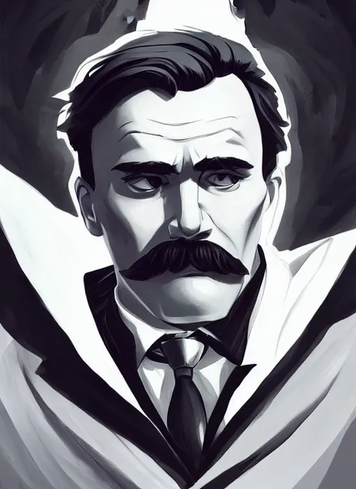 Prompt: Friedrich Nietzsche with a chiseled Jawline and serious Look, in his suit, in the Style of Artgerm and Charlie Bowater and Atey Ghailan and Mike Mignola, vibrant colors and hard shadows and strong rim light, Comic Cover Art, plain background, trending on artstation