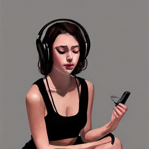 Image similar to portrait of beautiful woman listening to headphones, tank top, studying for school, art by wlop.