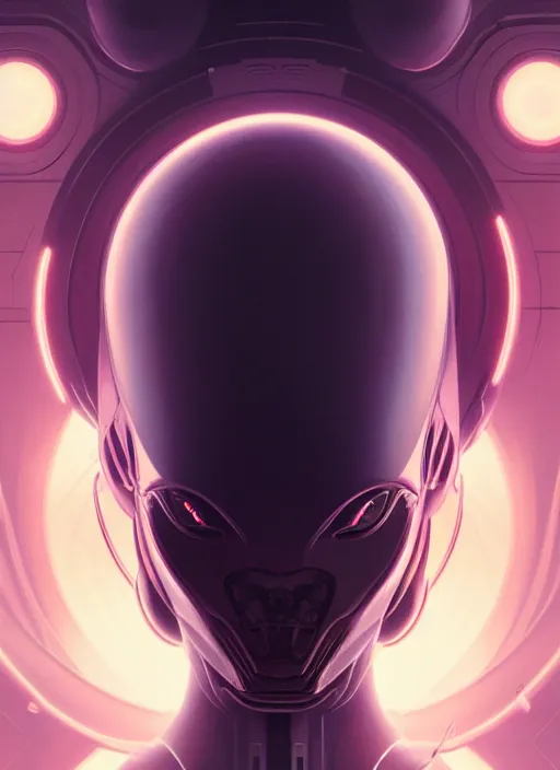 Image similar to symmetry!! portrait of alien, sci - fi, tech wear, glowing lights!! intricate, elegant, highly detailed, digital painting, artstation, concept art, smooth, sharp focus, illustration, art by artgerm and greg rutkowski and alphonse mucha, 8 k