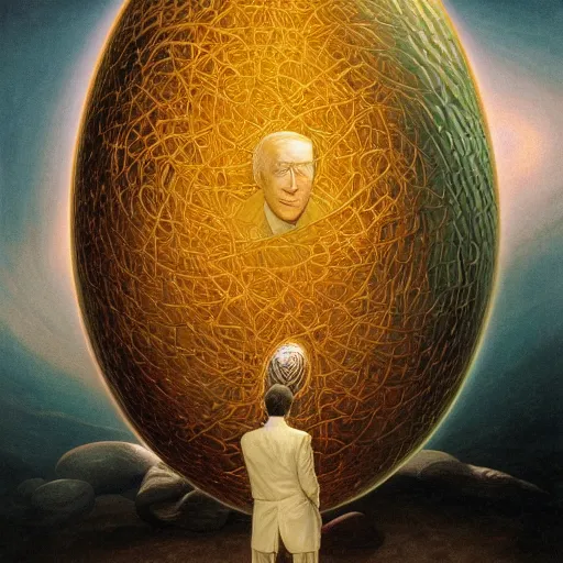 Image similar to presidential portrait of immense, majestic, surreal, terrifying joe biden emerging from the cosmic egg, perfectly clear face, by j. c. leyendecker, alex grey, anato finnstark, bosch, and beksinski