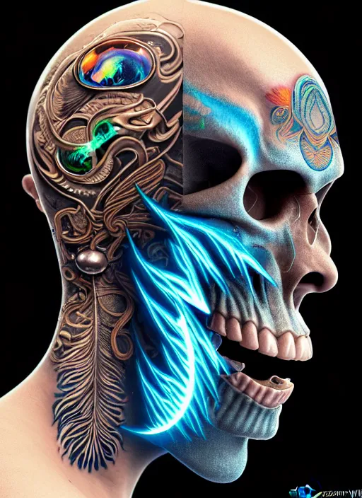 Image similar to 3 d shaman with tattoos profile portrait, sigma 5 0 0 mm f / 5. beautiful intricate highly detailed quetzalcoatl skull and feathers. bioluminescent, gradient background, plasma, frost, water, wind, creature, thunderstorm! artwork by tooth wu and wlop and beeple and greg rutkowski, 8 k trending on artstation,