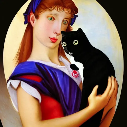 Prompt: a woman holding a cat in her arms, a renaissance painting by sailor moon, pexels contest winner, rasquache, booru, high quality photo, rtx