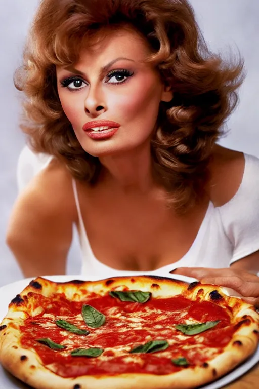 Prompt: professional studio photo of sophia loren eating!!! a pizza! margherita, closeup, portrait photo, diffuse light, muted colors, 5 0 mm, bokeh, acclaimed masterpiece