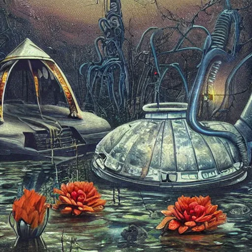 Prompt: painting hr giger tent in a landscape, scifi gadgets in a pond, floral ornaments light beams night, street lights, tomas sanchez