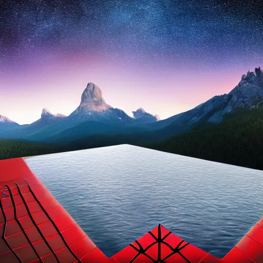 Image similar to 8 spiderman sitting in infinity pool finnish cabin environment. mountain background. photorealistic. ultra realistic. ultra high definition. 8 k. evening. starry sky.