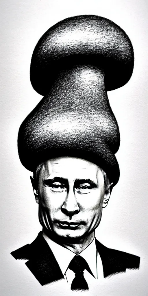 Image similar to vladimir putin with a mushroom cloud hat, cartoonish, ultra detailed pencil drawing