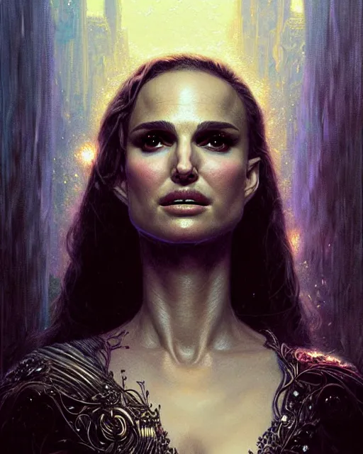 Prompt: a portrait of natalie portman fantasy character portrait, ultra realistic, cinematic, concept art, wide angle, intricate details, hologram, highly detailed by greg rutkowski, aaron horkey, gaston bussiere, craig mullins, simon bisley, arthur rackham