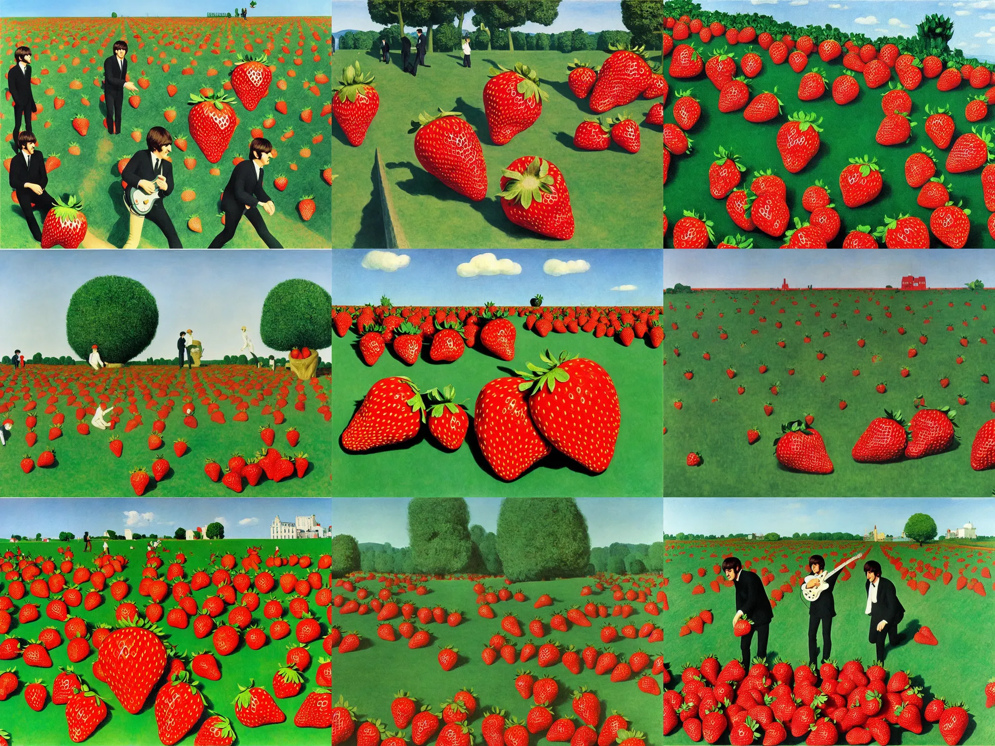 Prompt: the beatles are playing strawberry fields forever to a giant strawberry growing in the strawberry field, painting by rene margritte and edward hopper