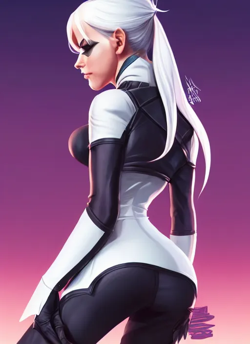 Prompt: backveiw picture of elf rogue, female, white skin, ponytails, skintight leather clothes, curves, short coat, exposed hips, face details, extremely detailed, smooth, sharp focus, digital illustration, by artgerm, rossdraws, sakimichan