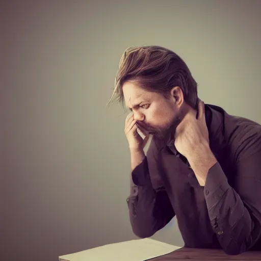 Prompt: style picture of an art director pondering his future, in despair